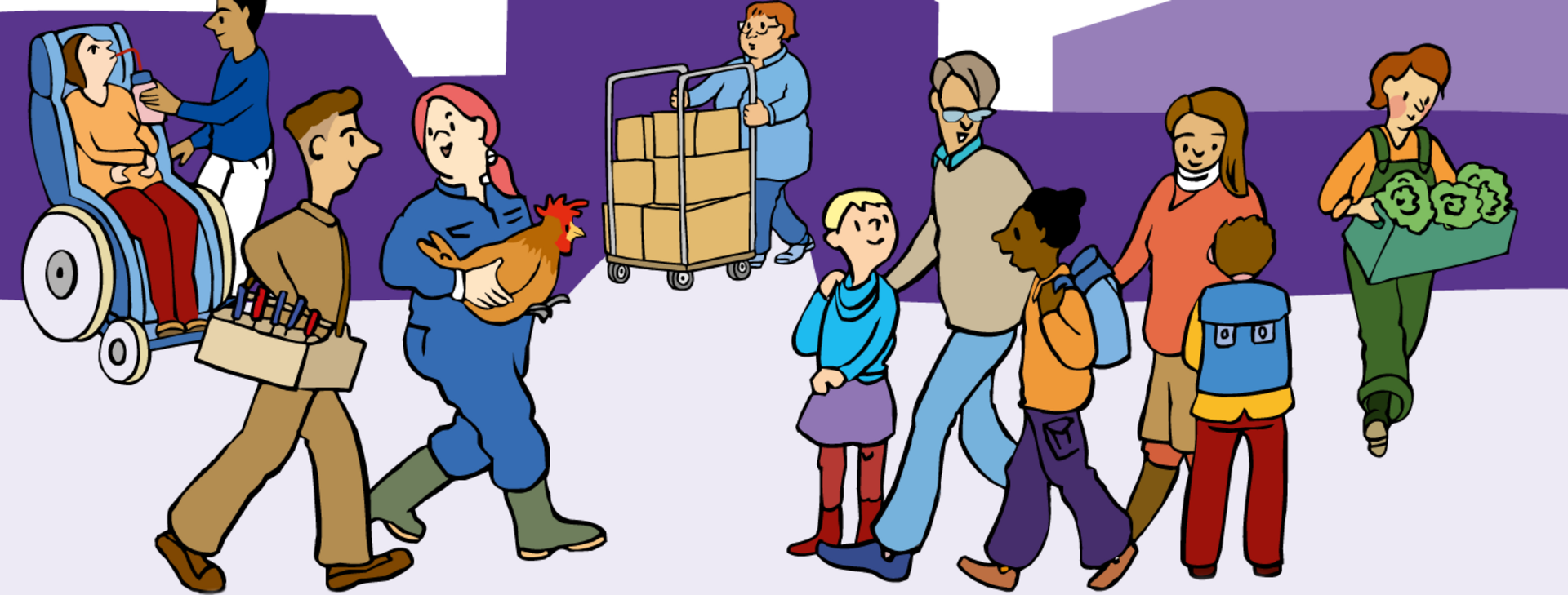 Das ist eine Zeichnung. Die Zeichnung ist bunt. Die Zeichnung zeigt Kinder und Erwachsene. Die Kinder und Erwachsenen leben und arbeiten bei Hephata. Oder sie gehen bei Hephata in die Schule.